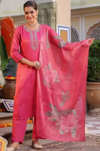 Pink Floral Printed Cotton Kurta Trouser Set With Dupatta
