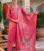 Pink Floral Printed Cotton Kurta Trouser Set With Dupatta