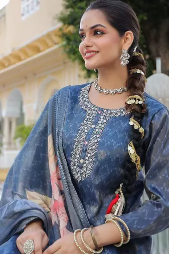 Blue Floral Printed Cotton Kurta Trouser Set With Dupatta