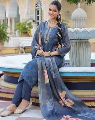 Blue Floral Printed Cotton Kurta Trouser Set With Dupatta 3