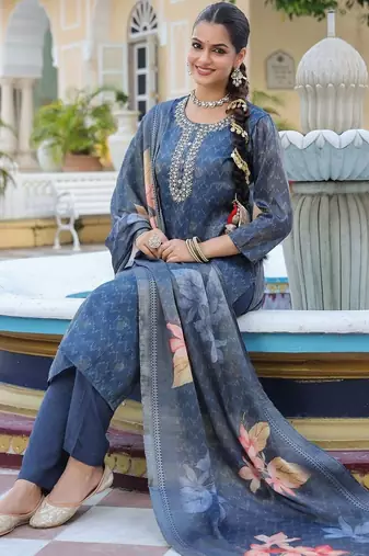 Blue Floral Printed Cotton Kurta Trouser Set With Dupatta