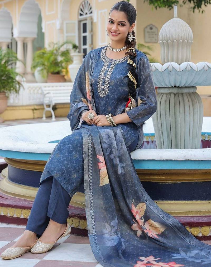 Blue Floral Printed Cotton Kurta Trouser Set With Dupatta