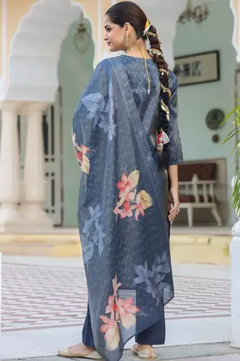 Blue Floral Printed Cotton Kurta Trouser Set With Dupatta