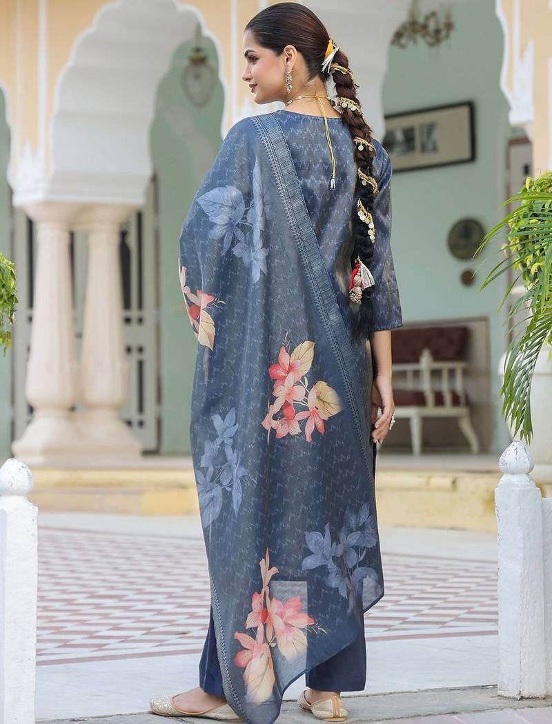 Blue Floral Printed Cotton Kurta Trouser Set With Dupatta