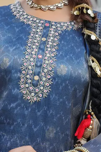 Blue Floral Printed Cotton Kurta Trouser Set With Dupatta