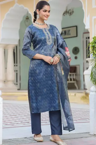 Blue Floral Printed Cotton Kurta Trouser Set With Dupatta
