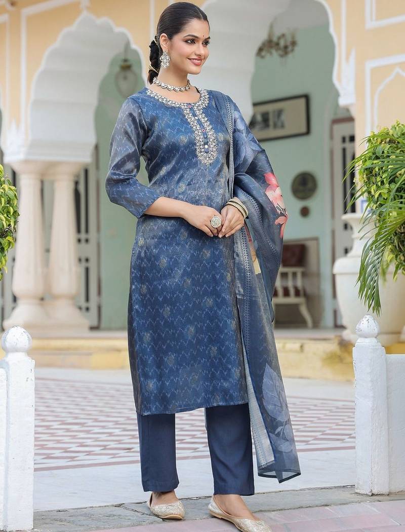 Blue Floral Printed Cotton Kurta Trouser Set With Dupatta