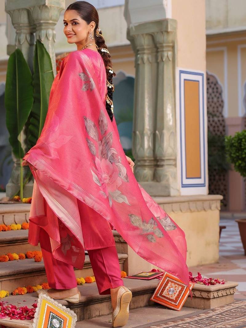 Pink Floral Printed Cotton Kurta Trouser Set With Dupatta