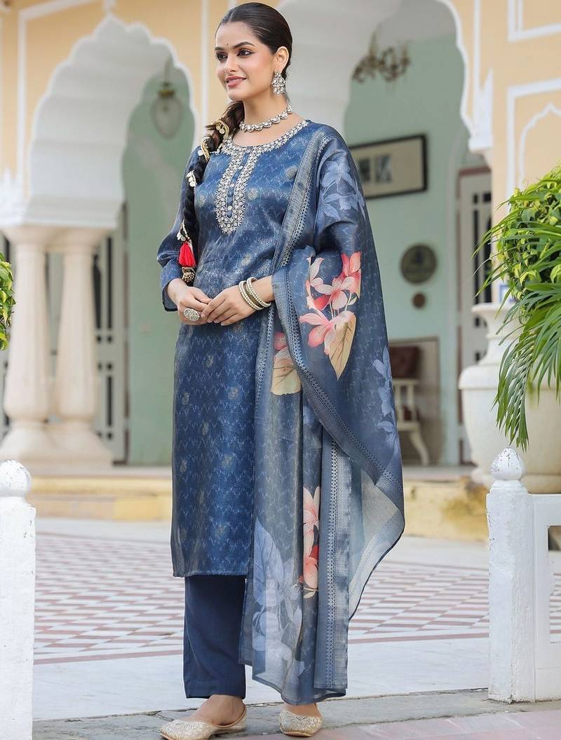 Blue Floral Printed Cotton Kurta Trouser Set With Dupatta