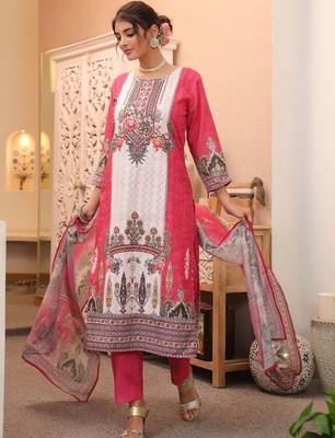 White Pink Ethnic Motifs Printed Cotton Kurta Trouser Set With Dupatta 1