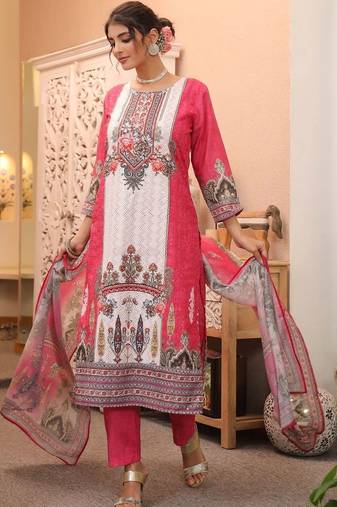 White Pink Ethnic Motifs Printed Cotton Kurta Trouser Set With Dupatta