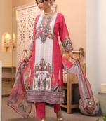 White Pink Ethnic Motifs Printed Cotton Kurta Trouser Set With Dupatta