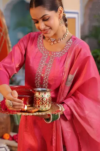 Pink Floral Printed Cotton Kurta Trouser Set With Dupatta