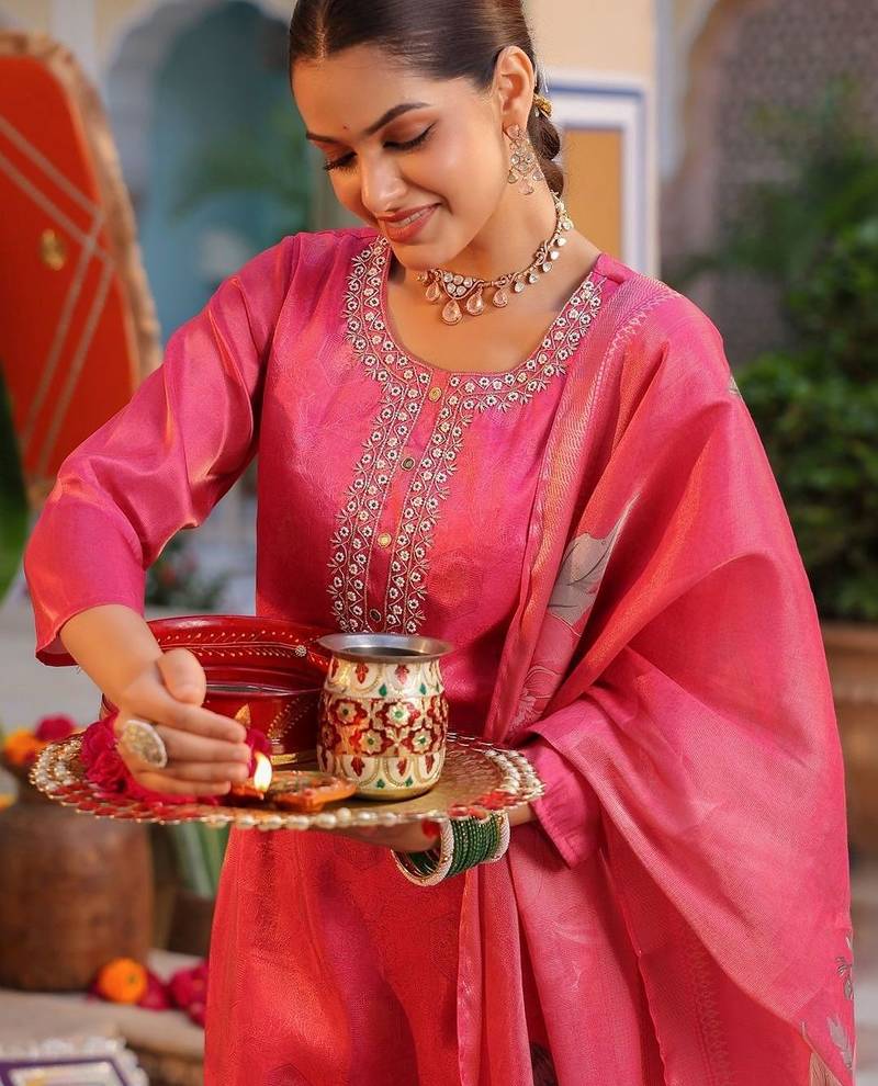 Pink Floral Printed Cotton Kurta Trouser Set With Dupatta