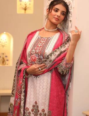 White Pink Ethnic Motifs Printed Cotton Kurta Trouser Set With Dupatta 2