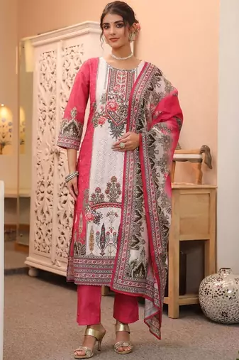 White Pink Ethnic Motifs Printed Cotton Kurta Trouser Set With Dupatta