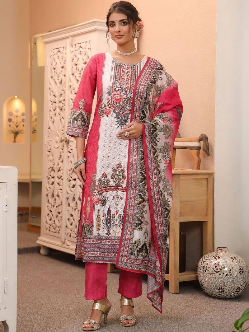 White Pink Ethnic Motifs Printed Cotton Kurta Trouser Set With Dupatta