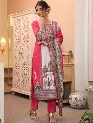 White Pink Ethnic Motifs Printed Cotton Kurta Trouser Set With Dupatta 4