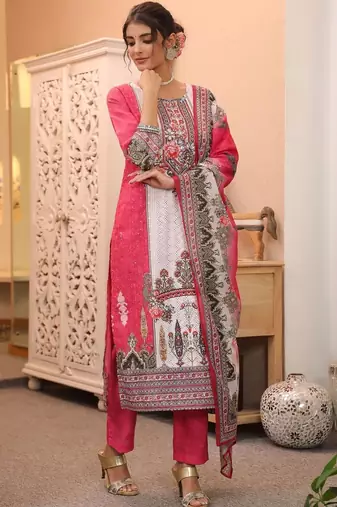 White Pink Ethnic Motifs Printed Cotton Kurta Trouser Set With Dupatta