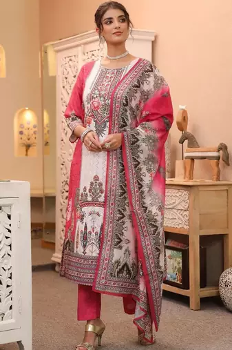 White Pink Ethnic Motifs Printed Cotton Kurta Trouser Set With Dupatta