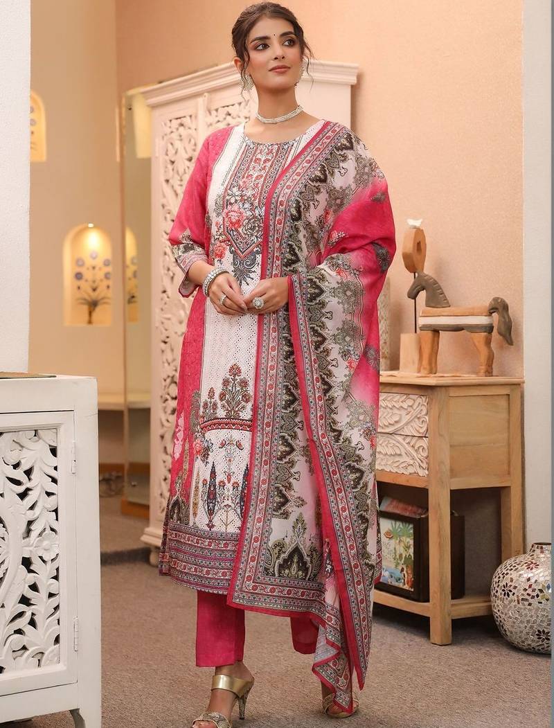 White Pink Ethnic Motifs Printed Cotton Kurta Trouser Set With Dupatta