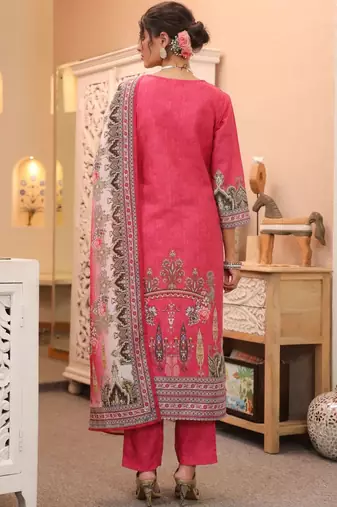 White Pink Ethnic Motifs Printed Cotton Kurta Trouser Set With Dupatta