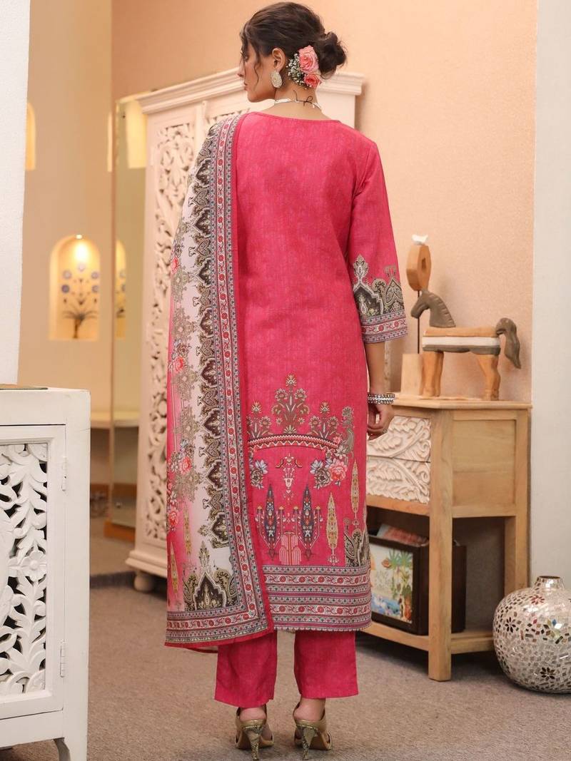 White Pink Ethnic Motifs Printed Cotton Kurta Trouser Set With Dupatta