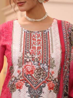 White Pink Ethnic Motifs Printed Cotton Kurta Trouser Set With Dupatta 7