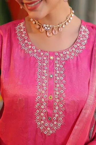 Pink Floral Printed Cotton Kurta Trouser Set With Dupatta