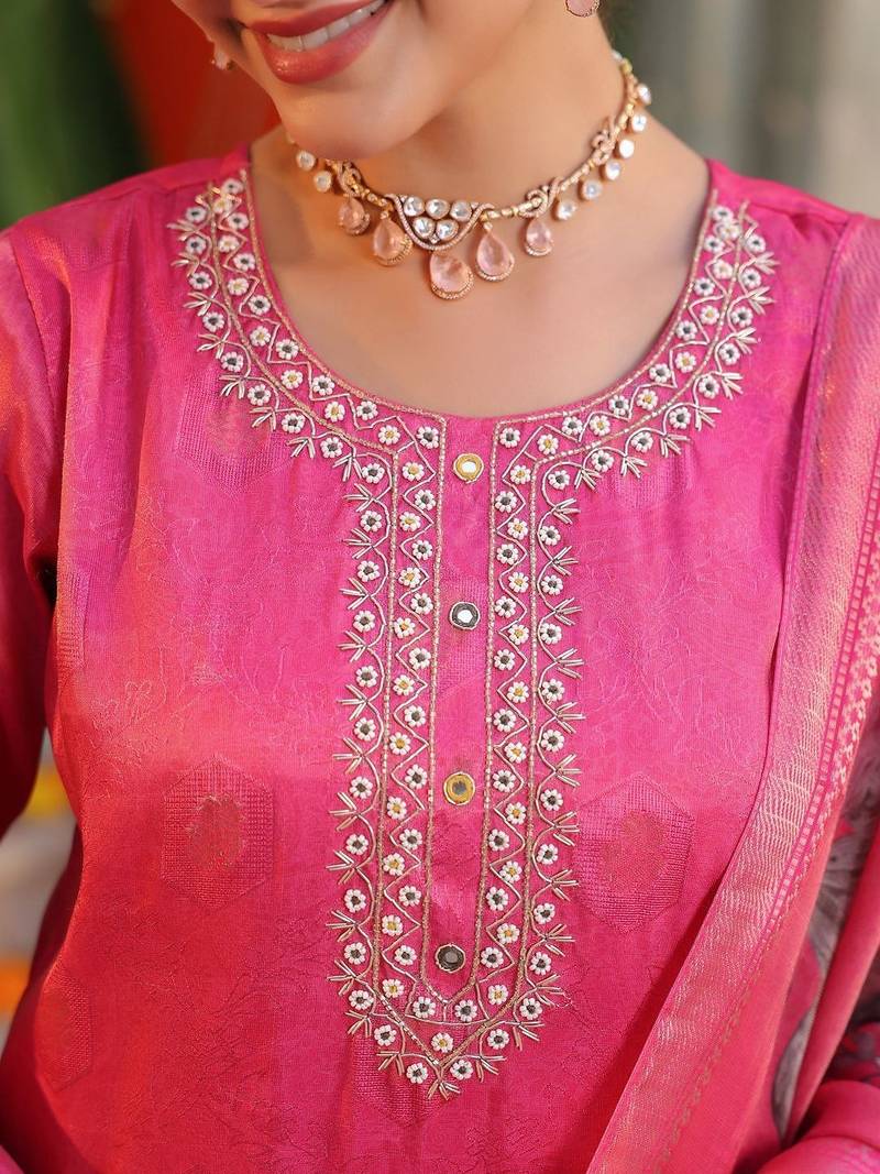 Pink Floral Printed Cotton Kurta Trouser Set With Dupatta