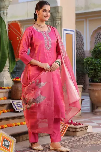 Pink Floral Printed Cotton Kurta Trouser Set With Dupatta