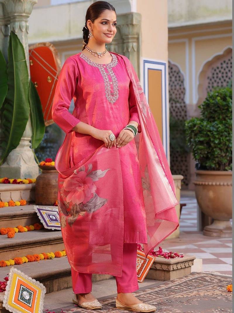 Pink Floral Printed Cotton Kurta Trouser Set With Dupatta