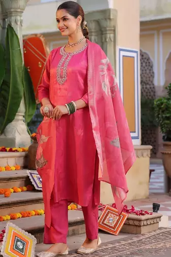 Pink Floral Printed Cotton Kurta Trouser Set With Dupatta