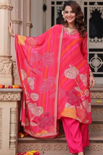 Fuchsia Pink Floral Printed Cotton Kurta Trouser Set With Dupatta