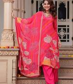 Fuchsia Pink Floral Printed Cotton Kurta Trouser Set With Dupatta