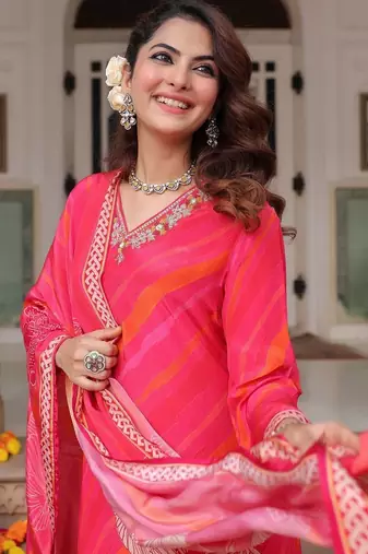 Fuchsia Pink Floral Printed Cotton Kurta Trouser Set With Dupatta