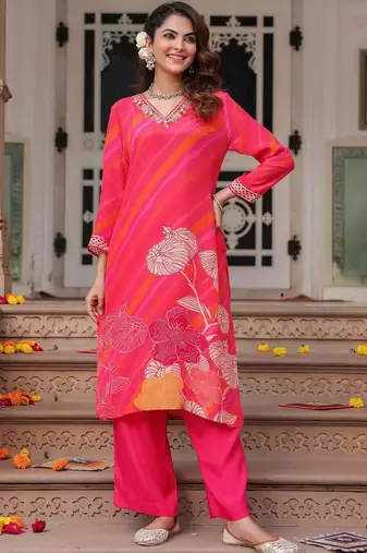 Fuchsia Pink Floral Printed Cotton Kurta Trouser Set With Dupatta