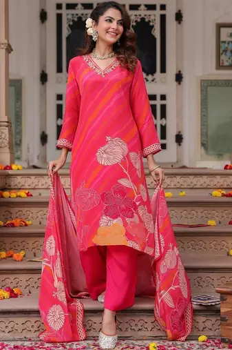 Fuchsia Pink Floral Printed Cotton Kurta Trouser Set With Dupatta