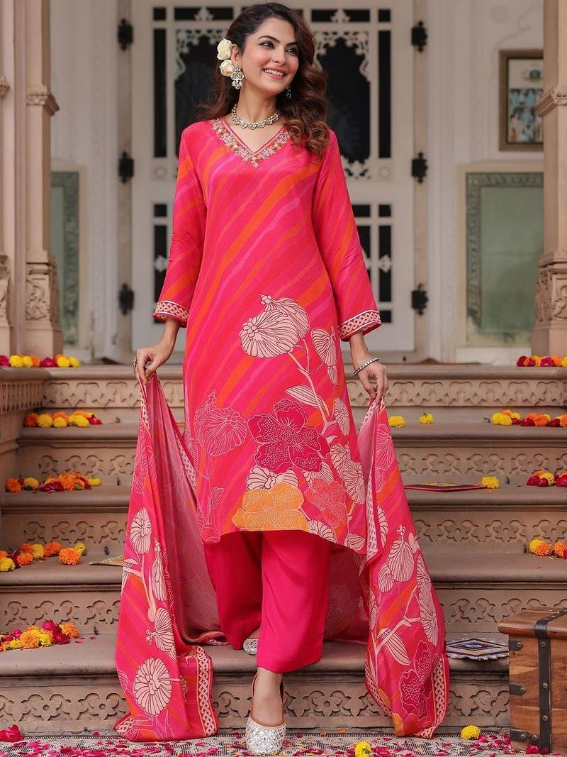 Fuchsia Pink Floral Printed Cotton Kurta Trouser Set With Dupatta