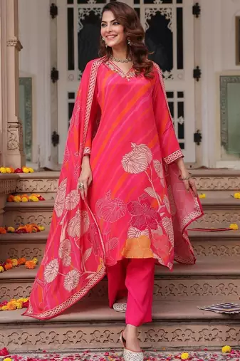 Fuchsia Pink Floral Printed Cotton Kurta Trouser Set With Dupatta