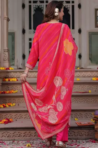 Fuchsia Pink Floral Printed Cotton Kurta Trouser Set With Dupatta
