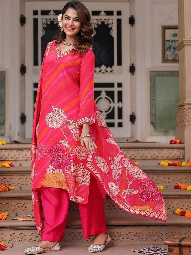 Fuchsia Pink Floral Printed Cotton Kurta Trouser Set With Dupatta