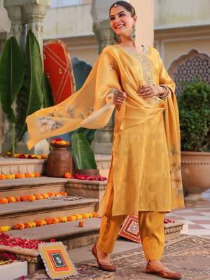 Yellow Women Ethnic Motifs Printed Chanderi Cotton Kurta with Trousers & Dupatta Set 1