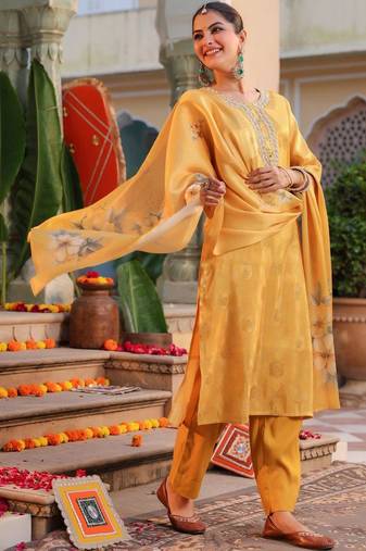 Yellow Women Ethnic Motifs Printed Chanderi Cotton Kurta with Trousers & Dupatta Set