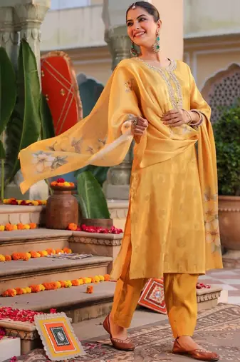 Yellow Women Ethnic Motifs Printed Chanderi Cotton Kurta with Trousers & Dupatta Set