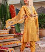 Yellow Women Ethnic Motifs Printed Chanderi Cotton Kurta with Trousers & Dupatta Set