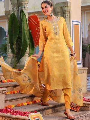Yellow Women Ethnic Motifs Printed Chanderi Cotton Kurta with Trousers & Dupatta Set 2