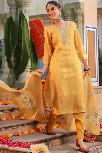 Yellow Women Ethnic Motifs Printed Chanderi Cotton Kurta with Trousers & Dupatta Set