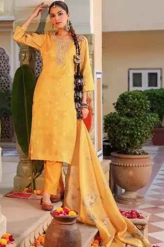 Yellow Women Ethnic Motifs Printed Chanderi Cotton Kurta with Trousers & Dupatta Set