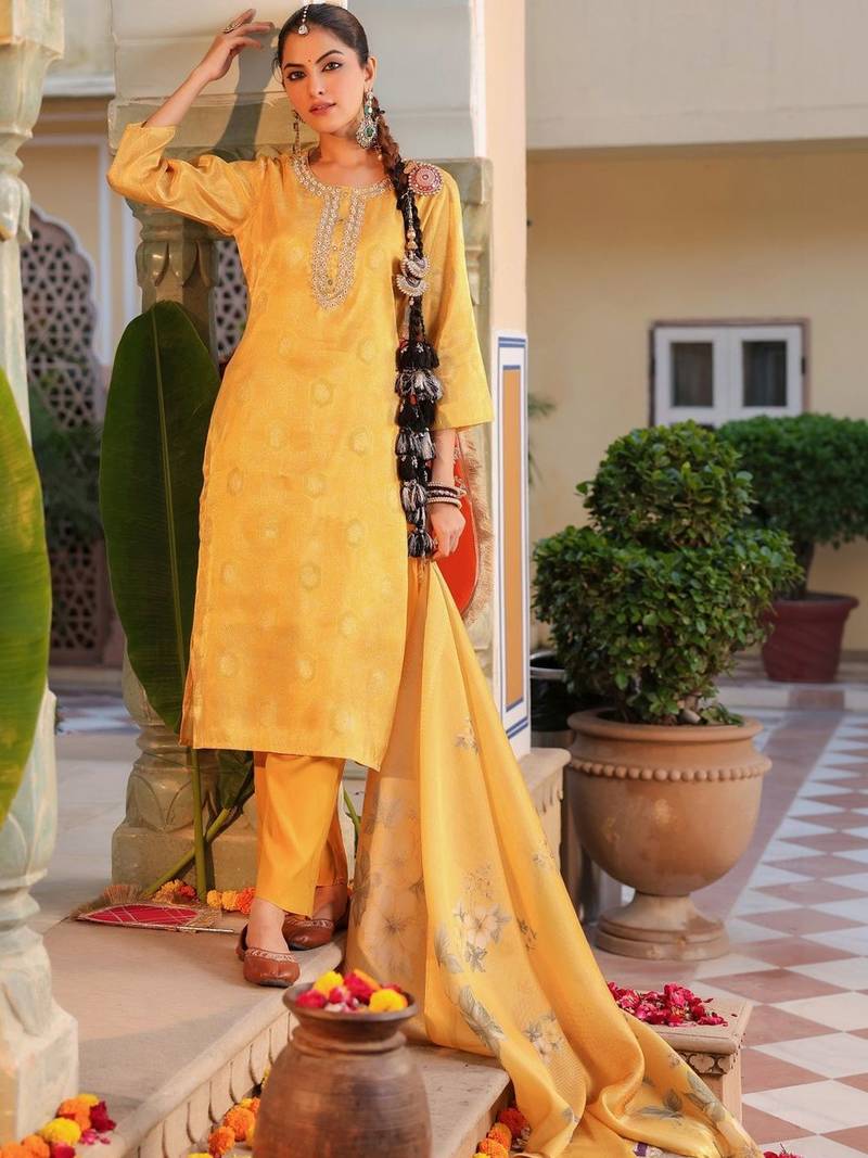 Yellow Women Ethnic Motifs Printed Chanderi Cotton Kurta with Trousers & Dupatta Set